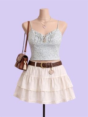 White Blue Floral Lace Up Ruffle Cami Top Cottagecore Size M Boho Chic Summer